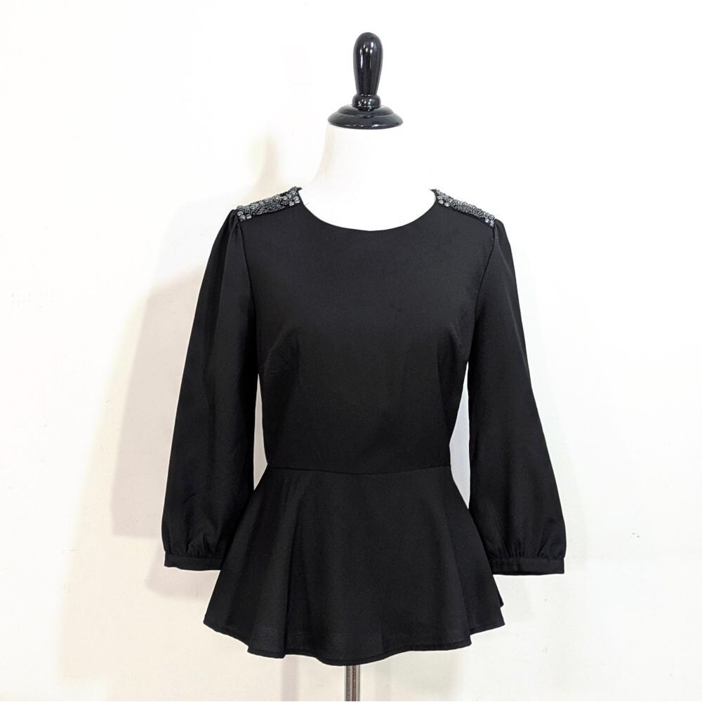 Forever 21 Black Peplum Blouse With Beaded Sequined Shoulder - Size Small Womens